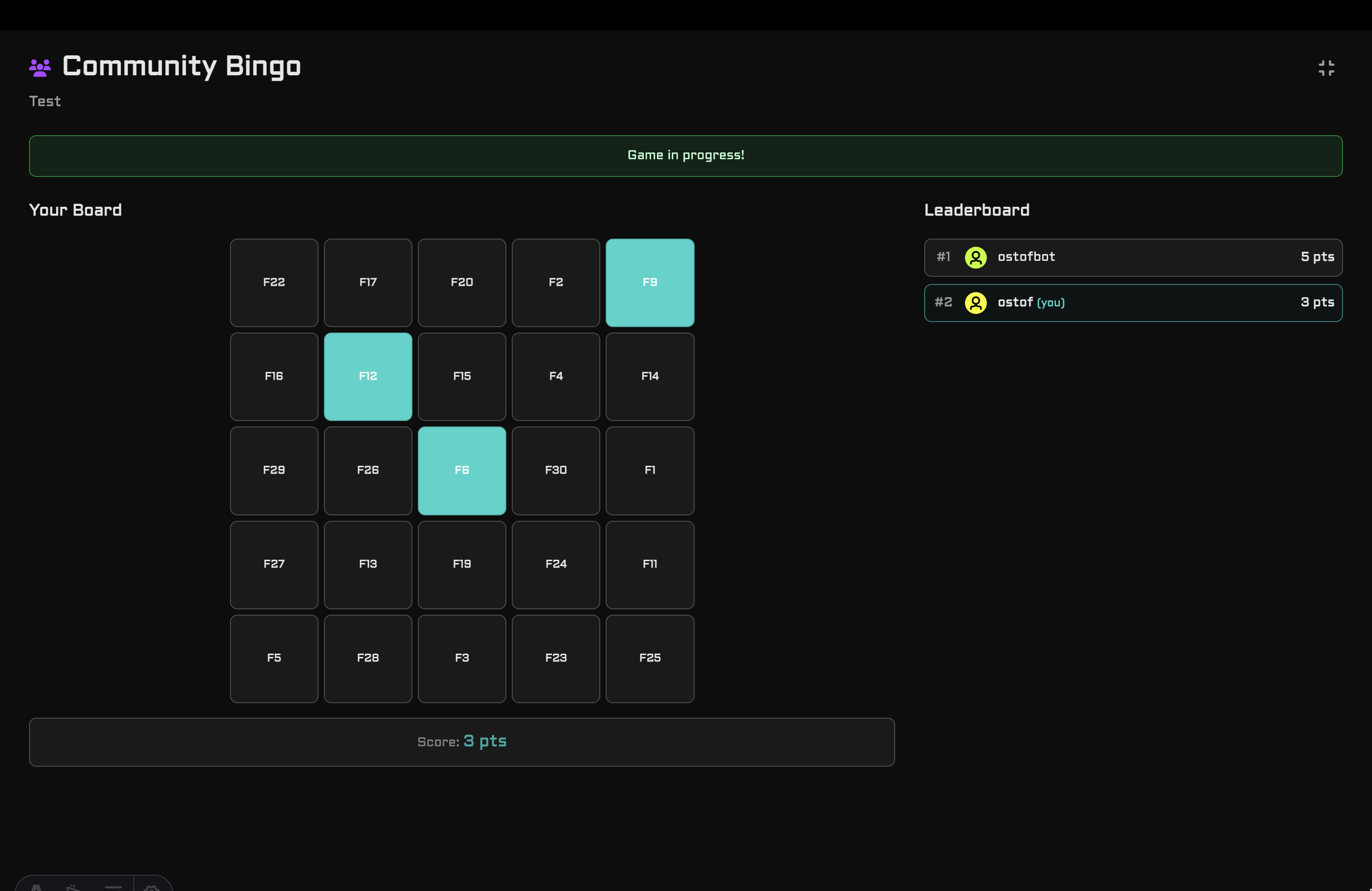 Player's personal bingo board with live leaderboard