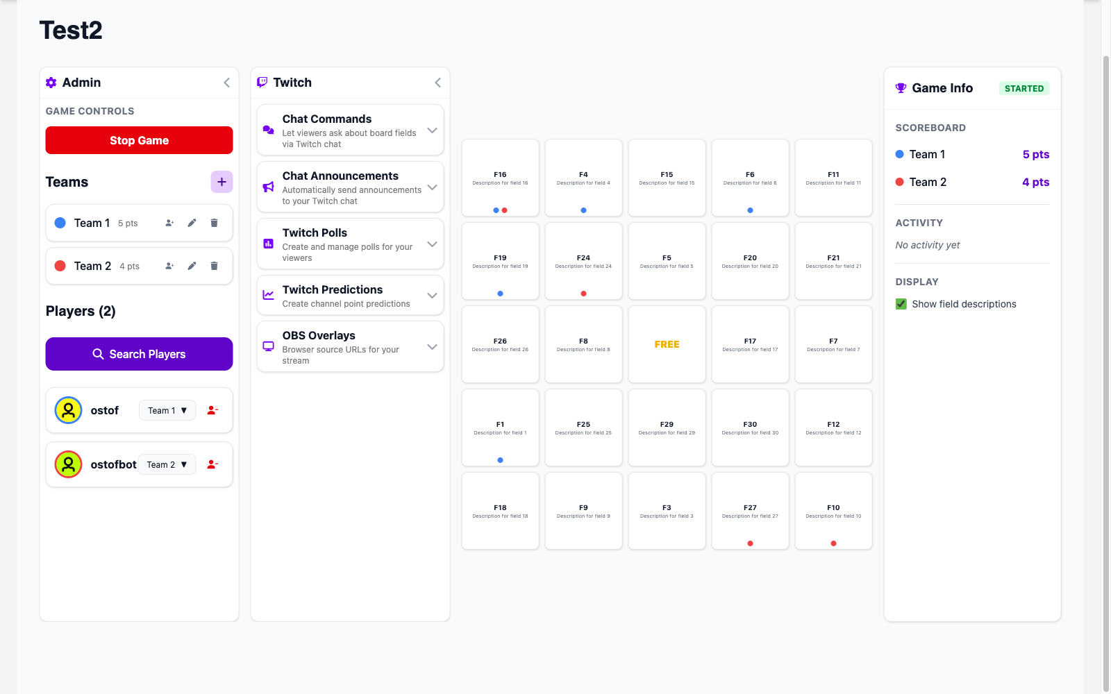 Game view showing bingo board with team marks and scoreboard